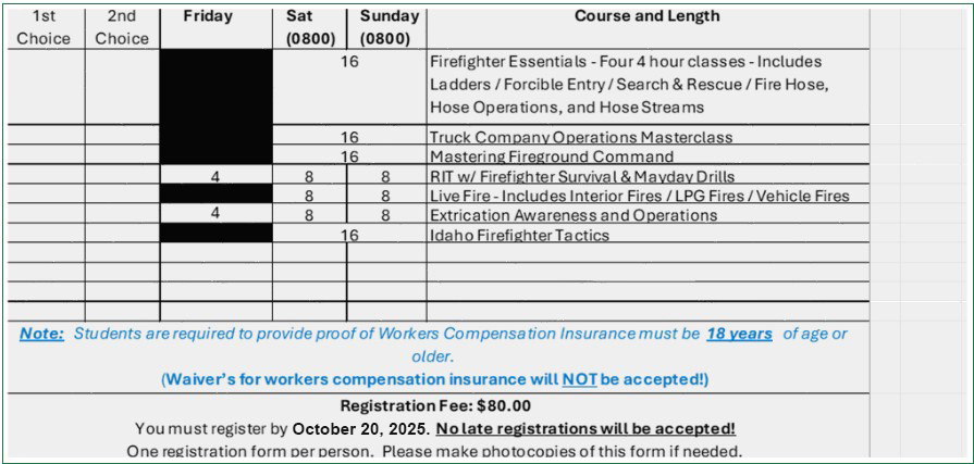 2025 Fire Academy Schedule and Instructions